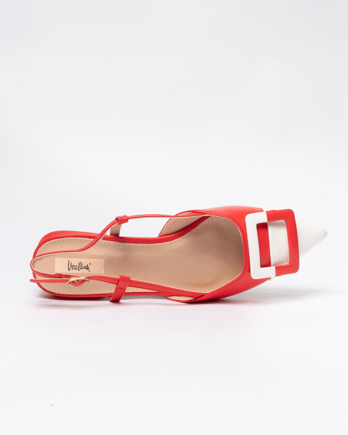 Ballerina slingback bassa in ecopelle con fibbia quadrata - Bianco e Rosso