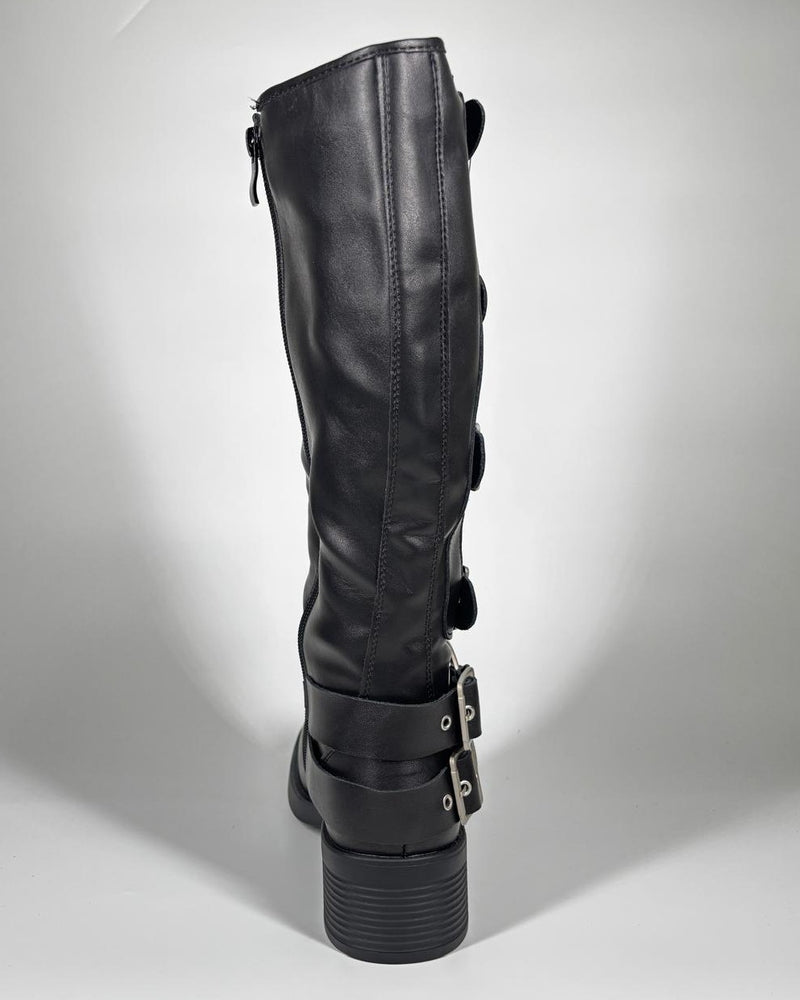 Stivali Biker Alti  con Fibbie Multiple in Similpelle - Nero