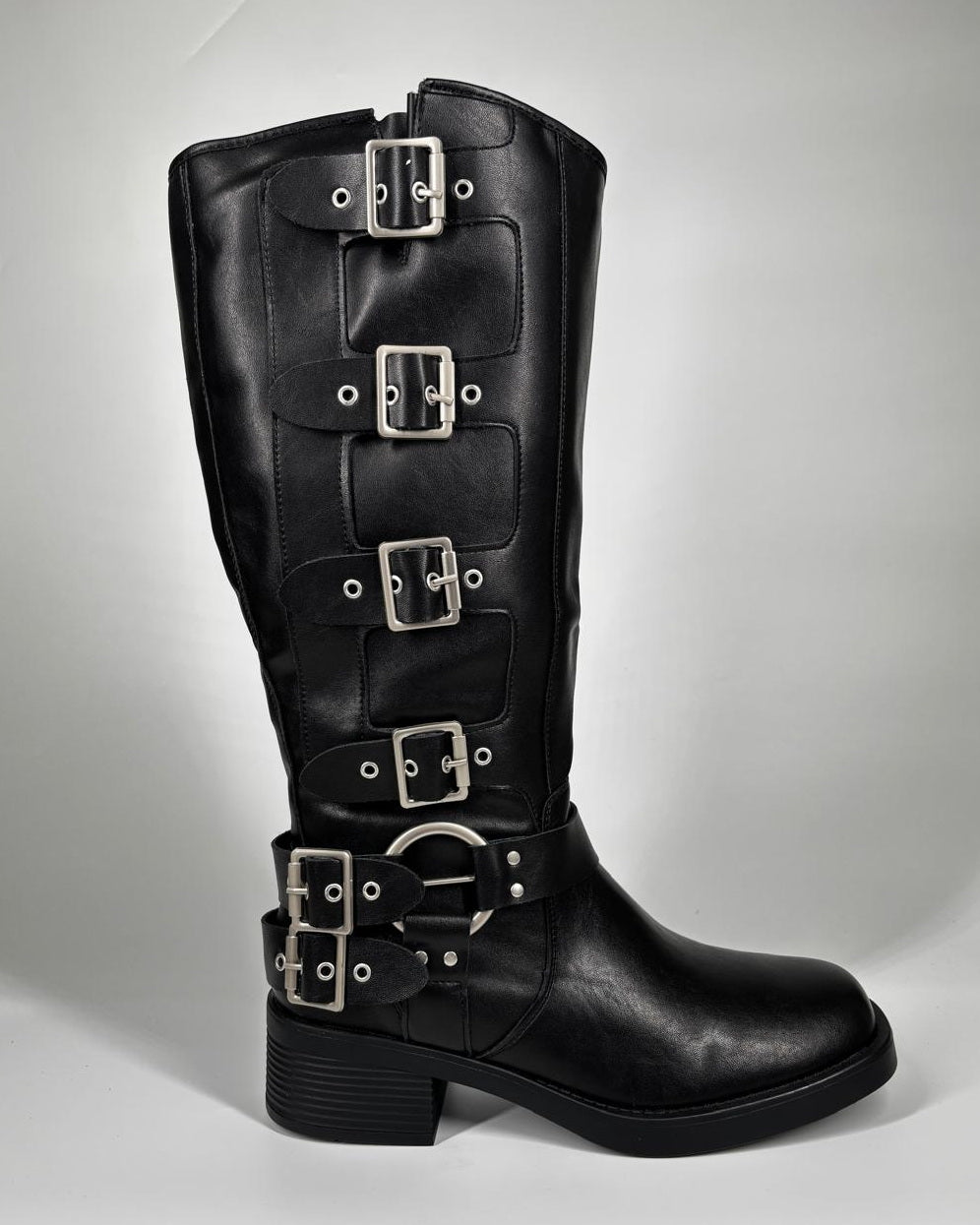 Stivali Biker Alti  con Fibbie Multiple in Similpelle - Nero