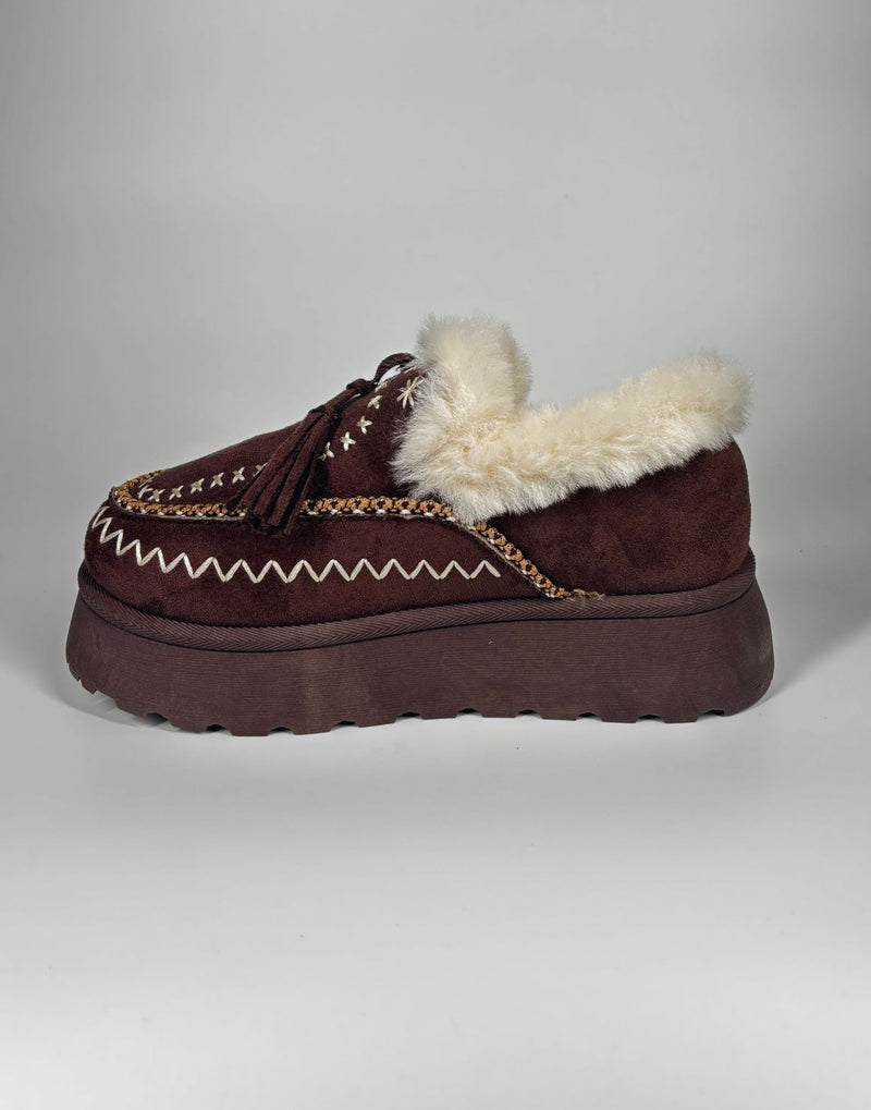 Mocassino Invernale con Zeppa ricamato - Marrone