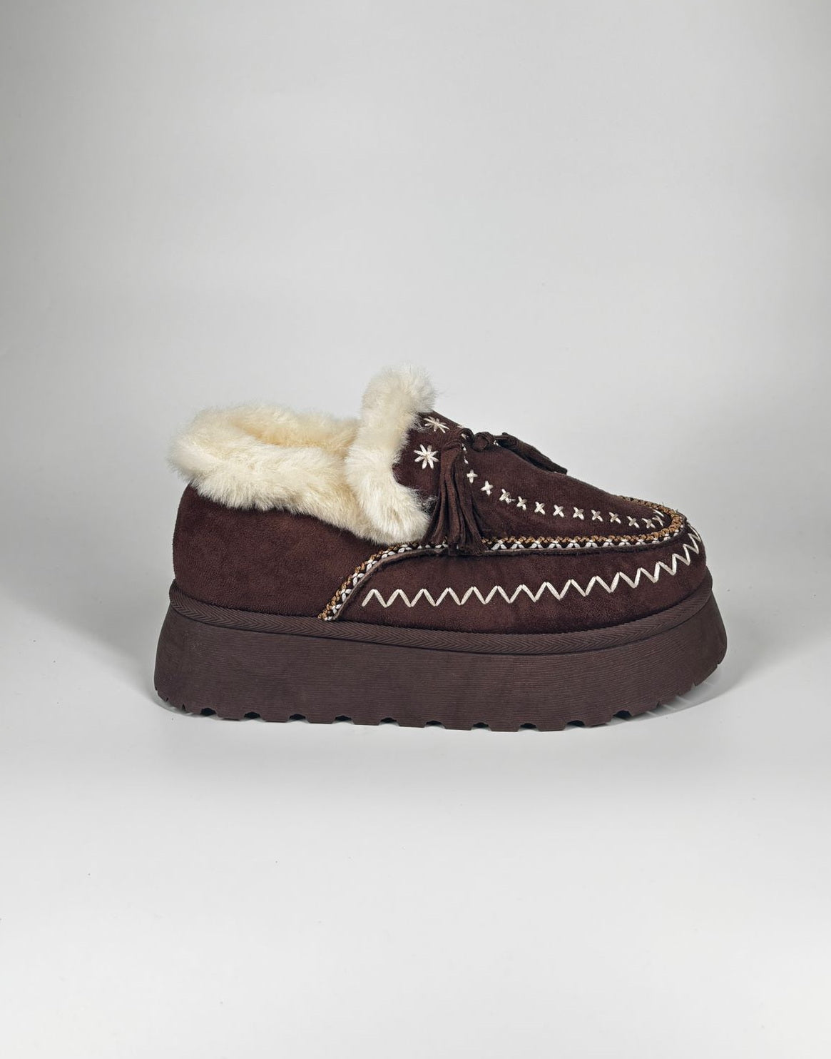 Mocassino Invernale con Zeppa ricamato - Marrone