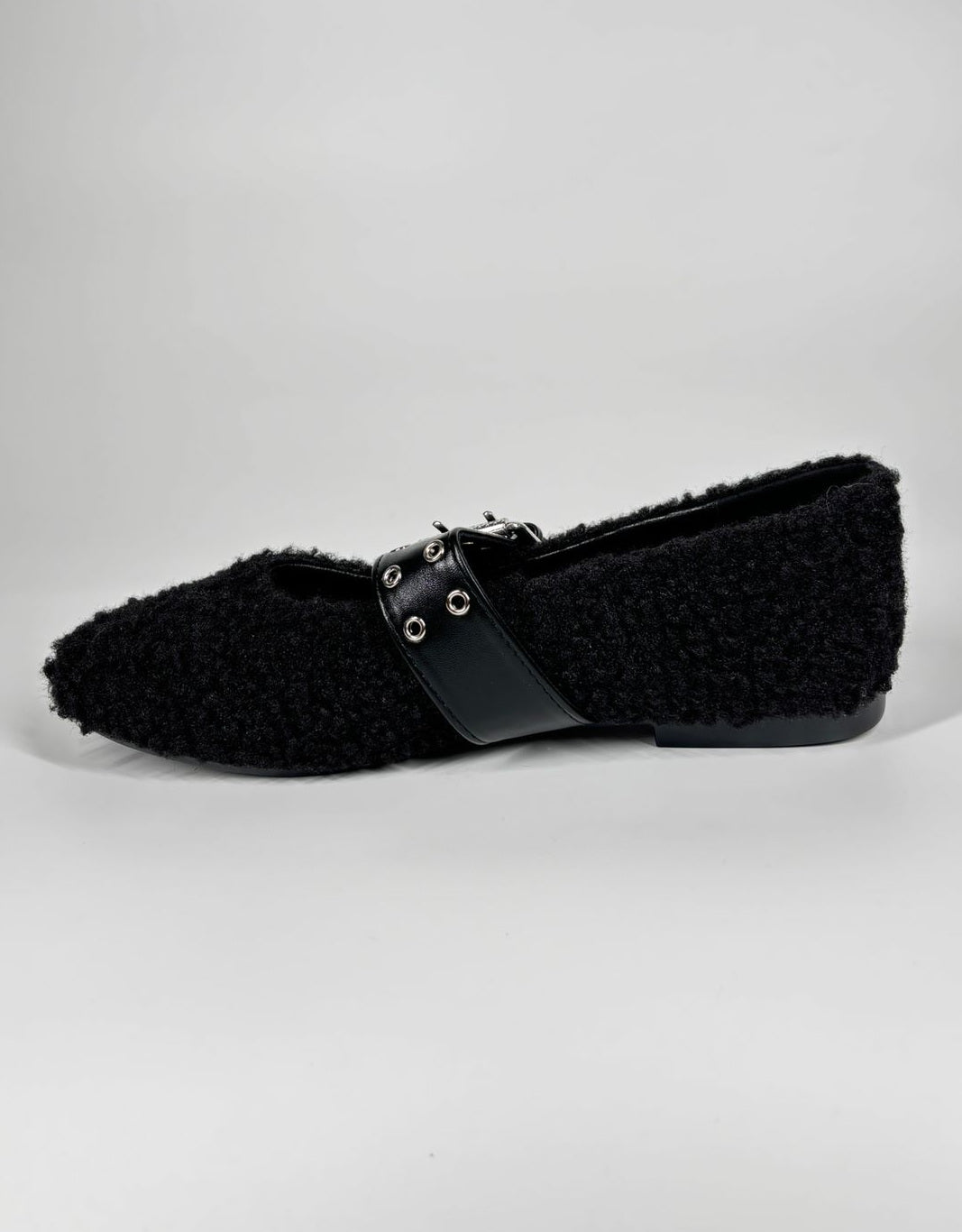 Ballerine teddy con cinturino in ecopelle regolabile - Nero