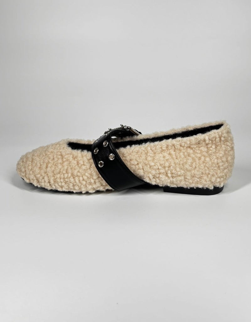 Ballerine teddy con cinturino in ecopelle regolabile - Beige