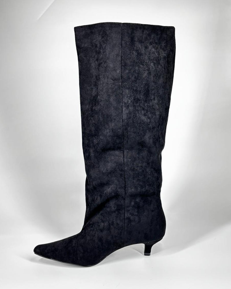 Stivali al Ginocchio in Suede con Tacco a Spillo Basso - Nero