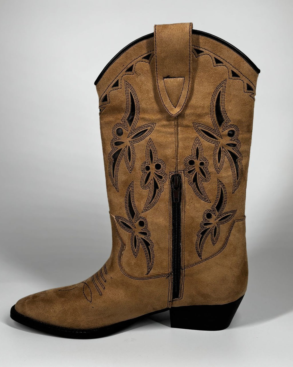Stivale Cowboy Alto in Suedé con Ricami Floreali - Marrone