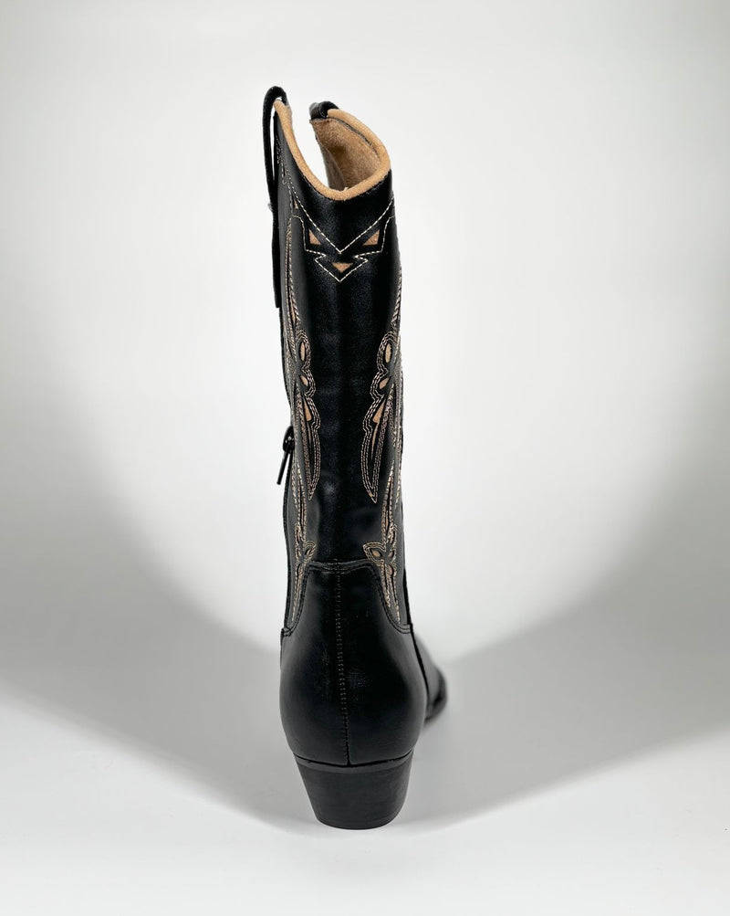 Stivale Cowboy Alto in Suedé con Ricami Floreali - Nero