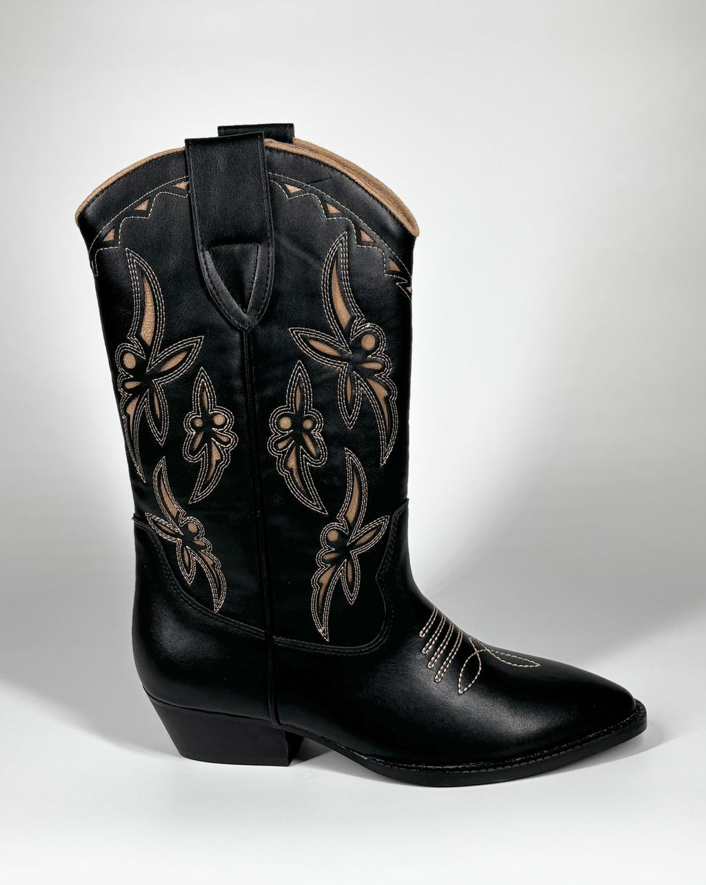 Stivale Cowboy Alto in Suedé con Ricami Floreali - Nero