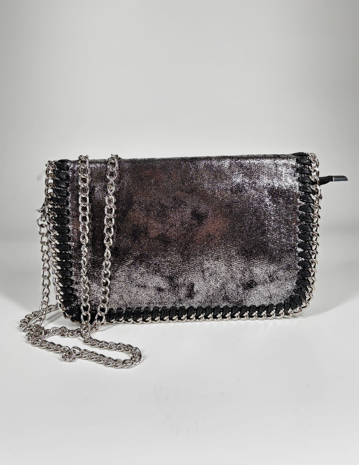 Pochette Effetto Scamosciato Nero Glitter Argento