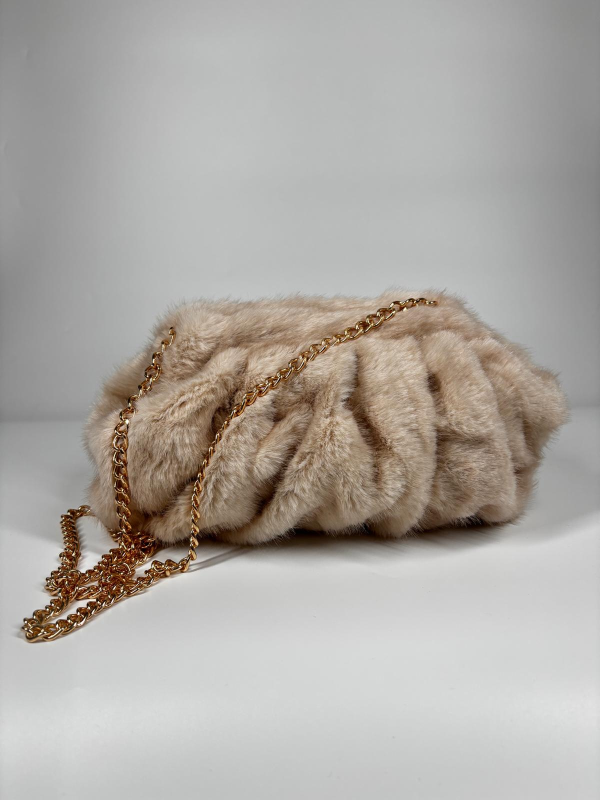 Borsa in pelliccia Morbida con Tracolla a Catena -  Champagne