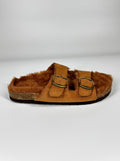 Ciabatte Mules Pelose con Doppia Fibbia - Cammello