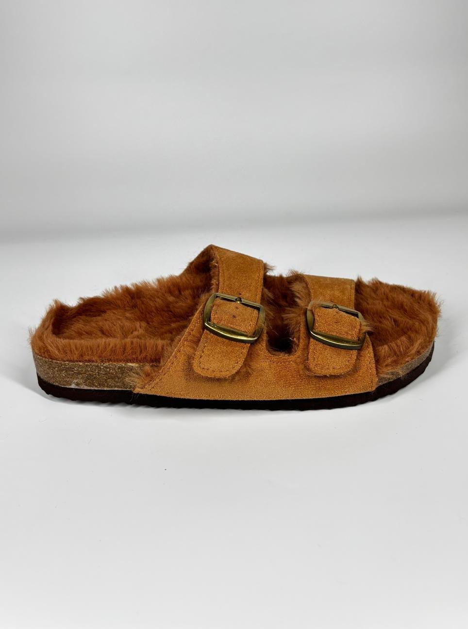 Ciabatte Mules Pelose con Doppia Fibbia - Cammello