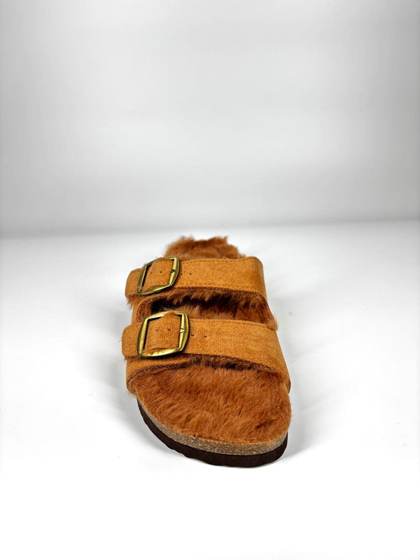 Ciabatte Mules Pelose con Doppia Fibbia - Cammello