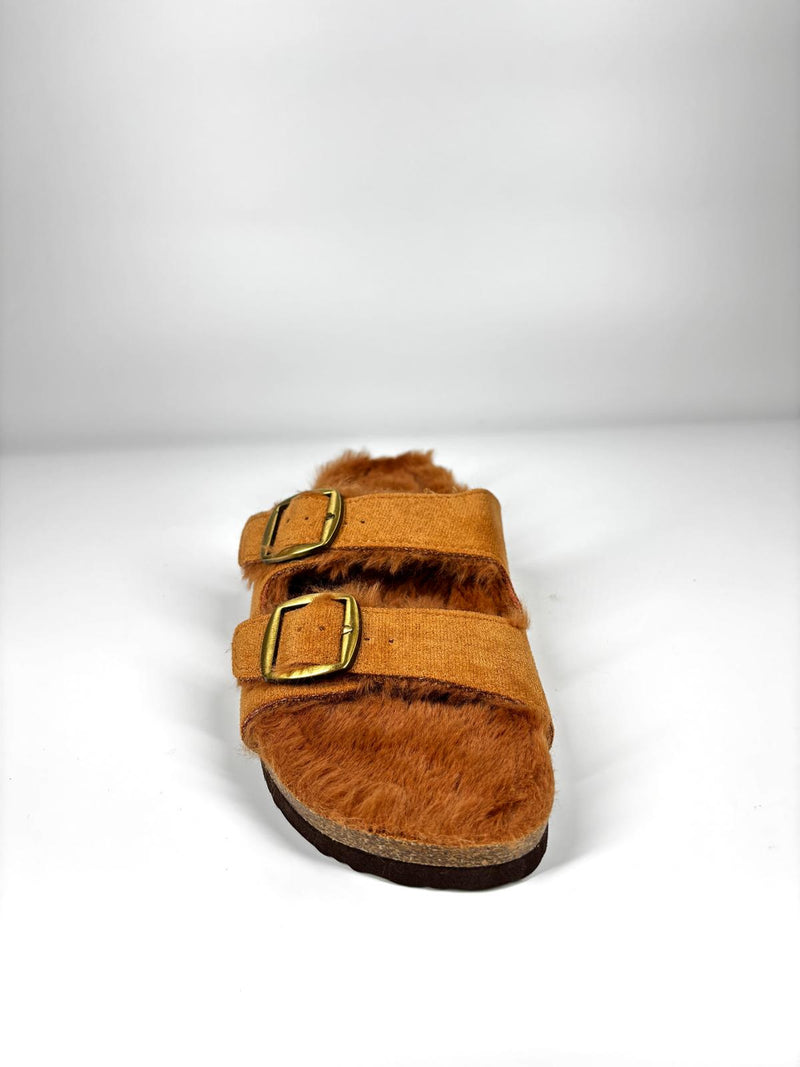 Ciabatte Mules Pelose con Doppia Fibbia - Cammello