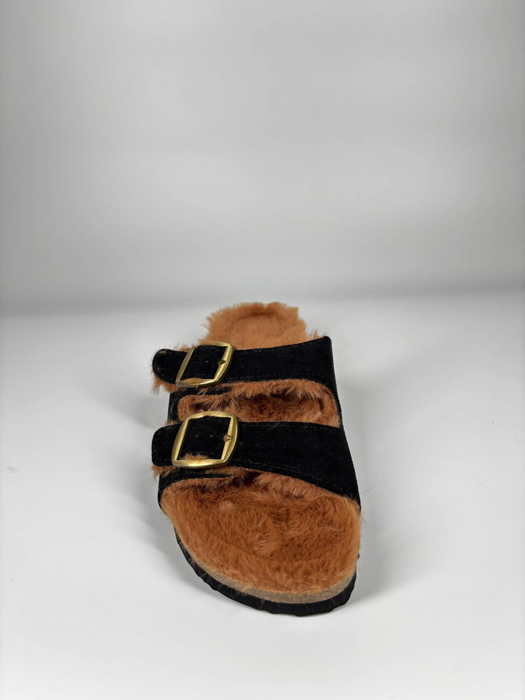 Ciabatte Mules Pelose con Doppia Fibbia - Nero