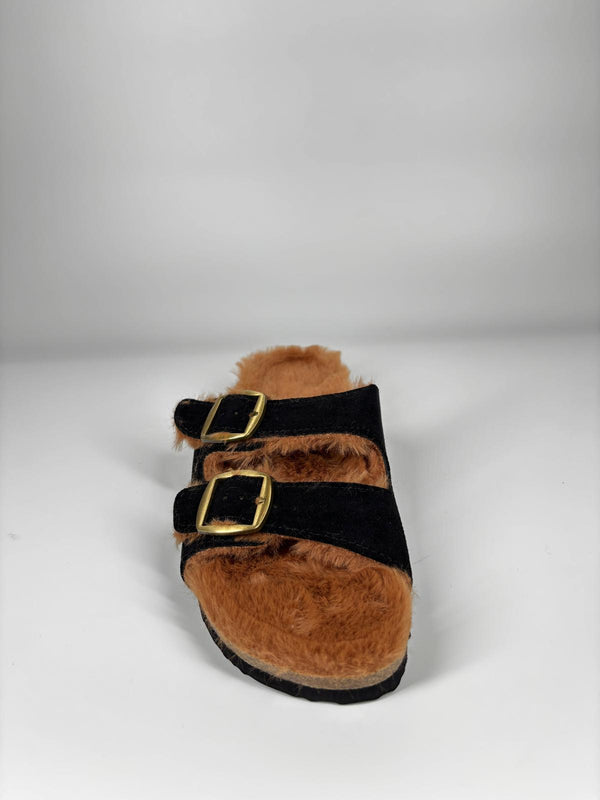 Ciabatte Mules Pelose con Doppia Fibbia - Nero