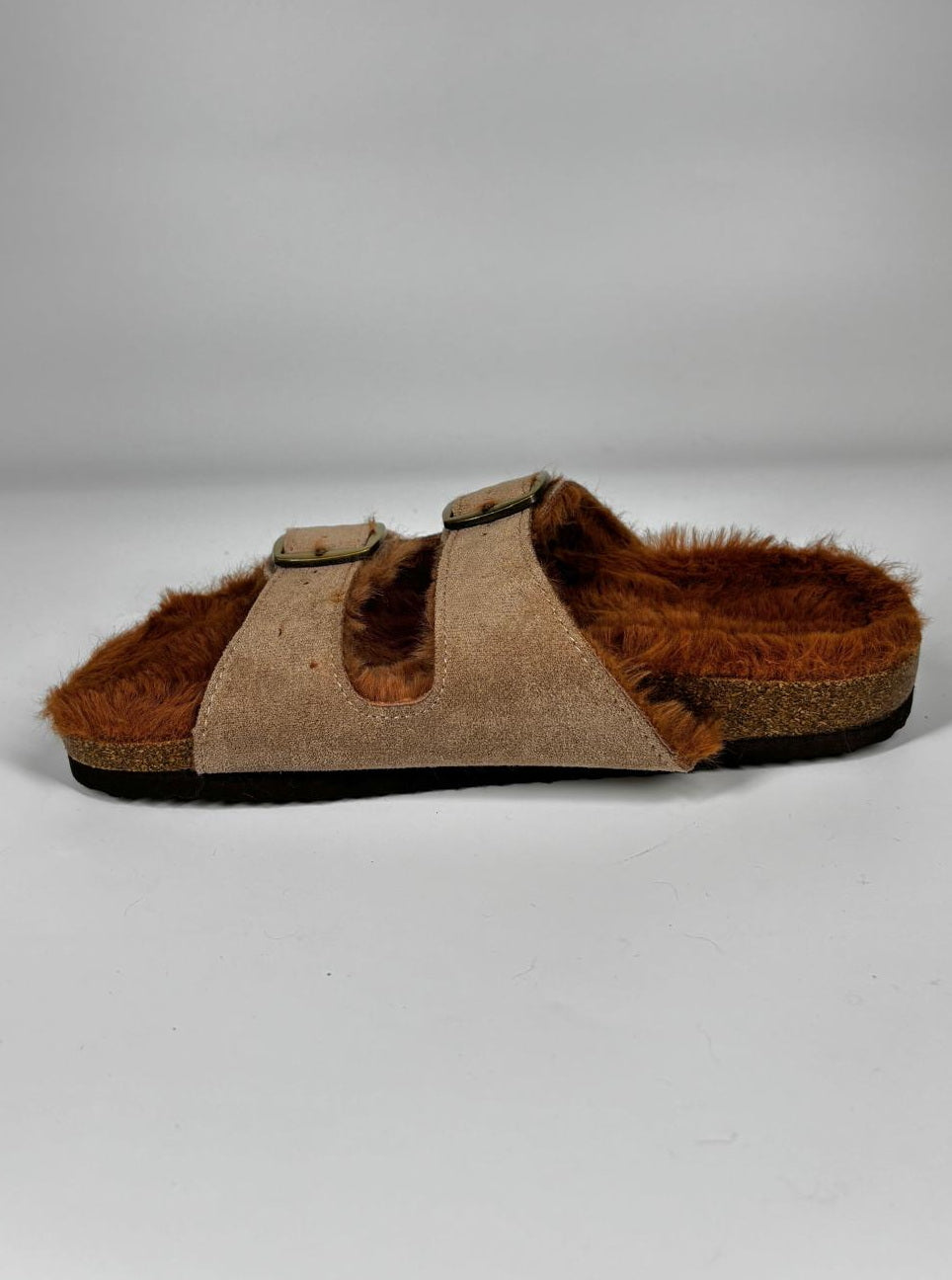 Ciabatte Mules Pelose con Doppia Fibbia - Beige