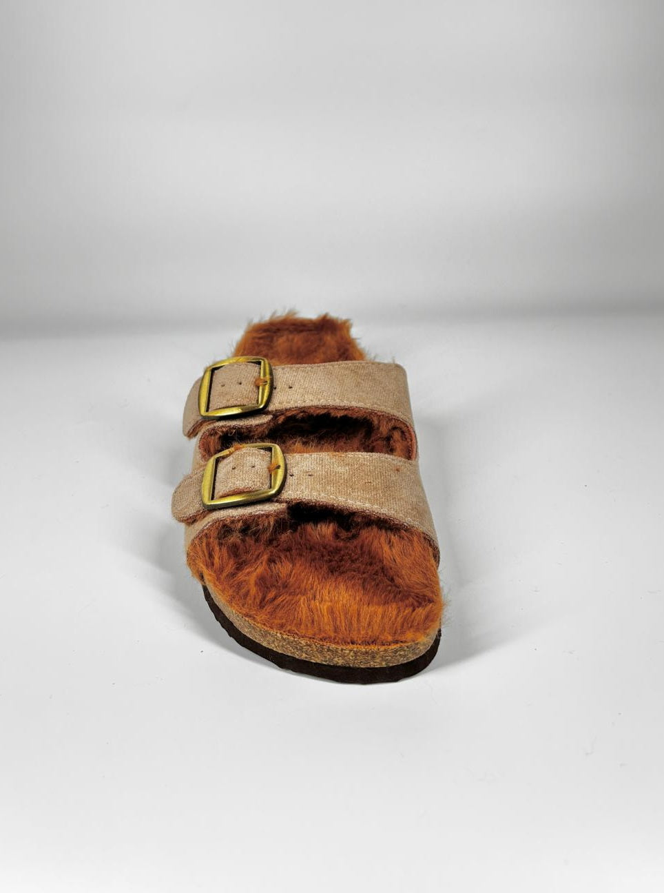 Ciabatte Mules Pelose con Doppia Fibbia - Beige
