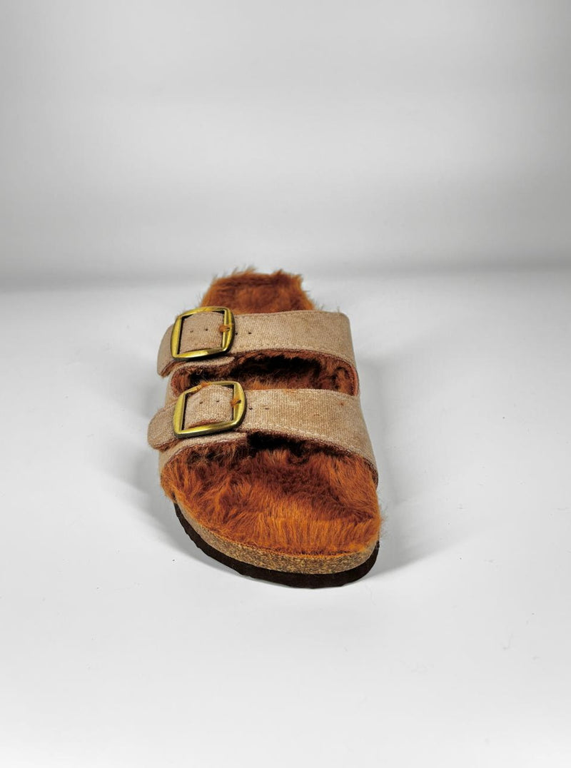 Ciabatte Mules Pelose con Doppia Fibbia - Beige