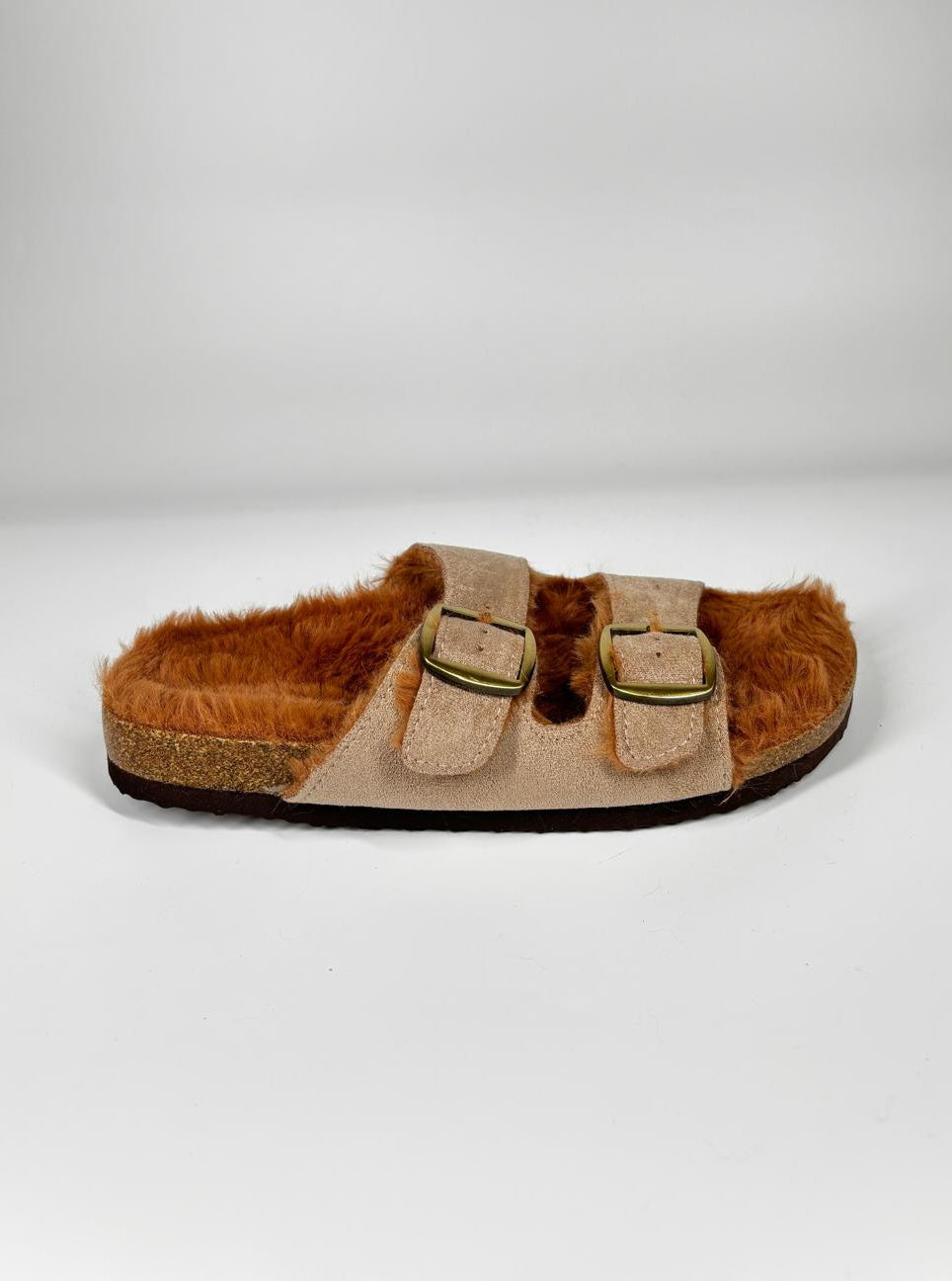 Ciabatte Mules Pelose con Doppia Fibbia - Beige