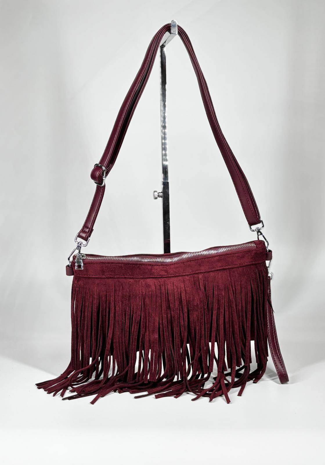 Borsa Scamosciata con frange - Bordeaux