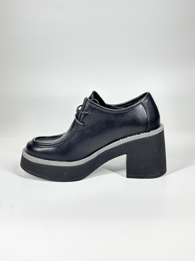 Scarpe Mocassino Platform Tacco Squadrato - Nero