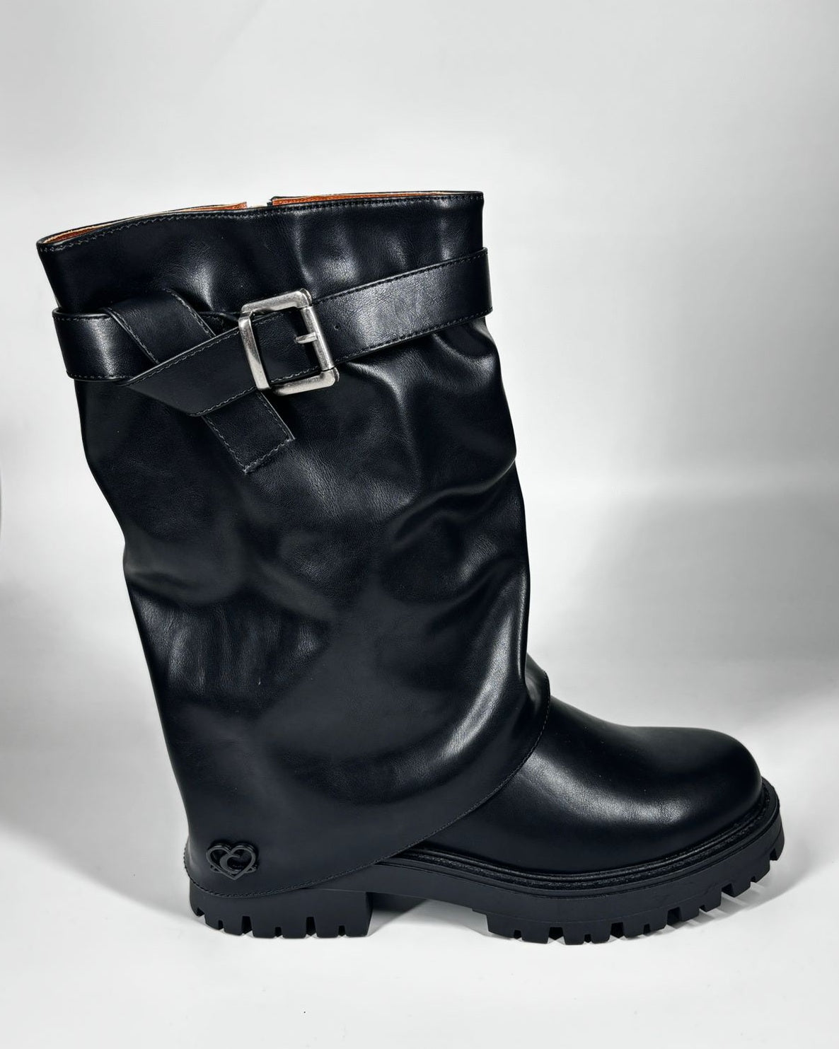 Stivale Slouchy in Vera Pelle con Doppia Fibbia – Nero