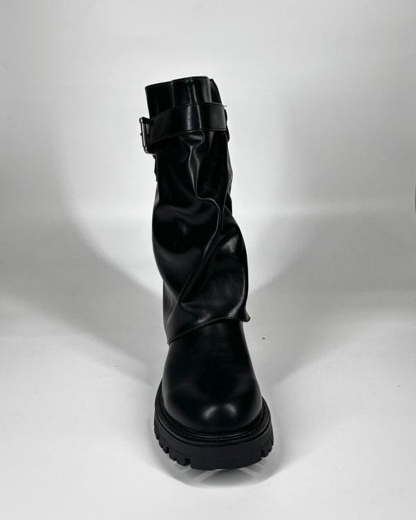 Stivale Slouchy in Vera Pelle con Doppia Fibbia – Nero