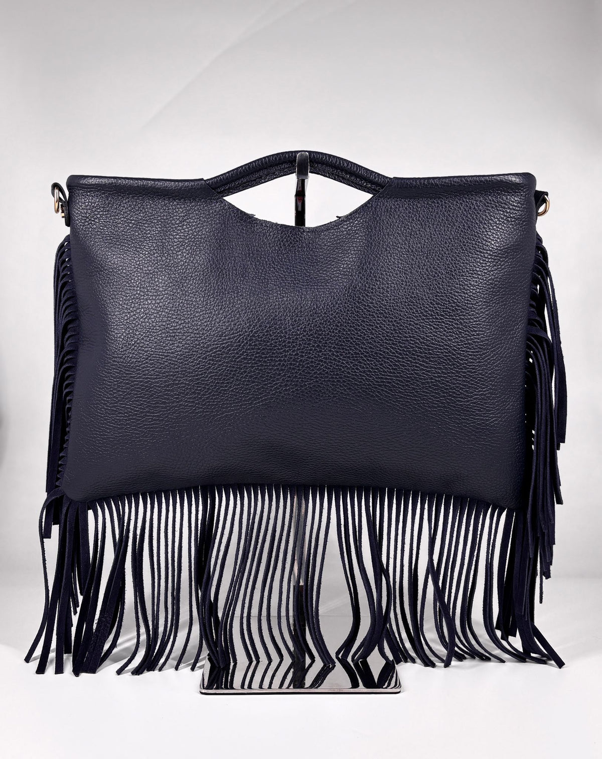 Borsa a Mano con Tracolla in Vera Pelle con Frange – Blu Notte