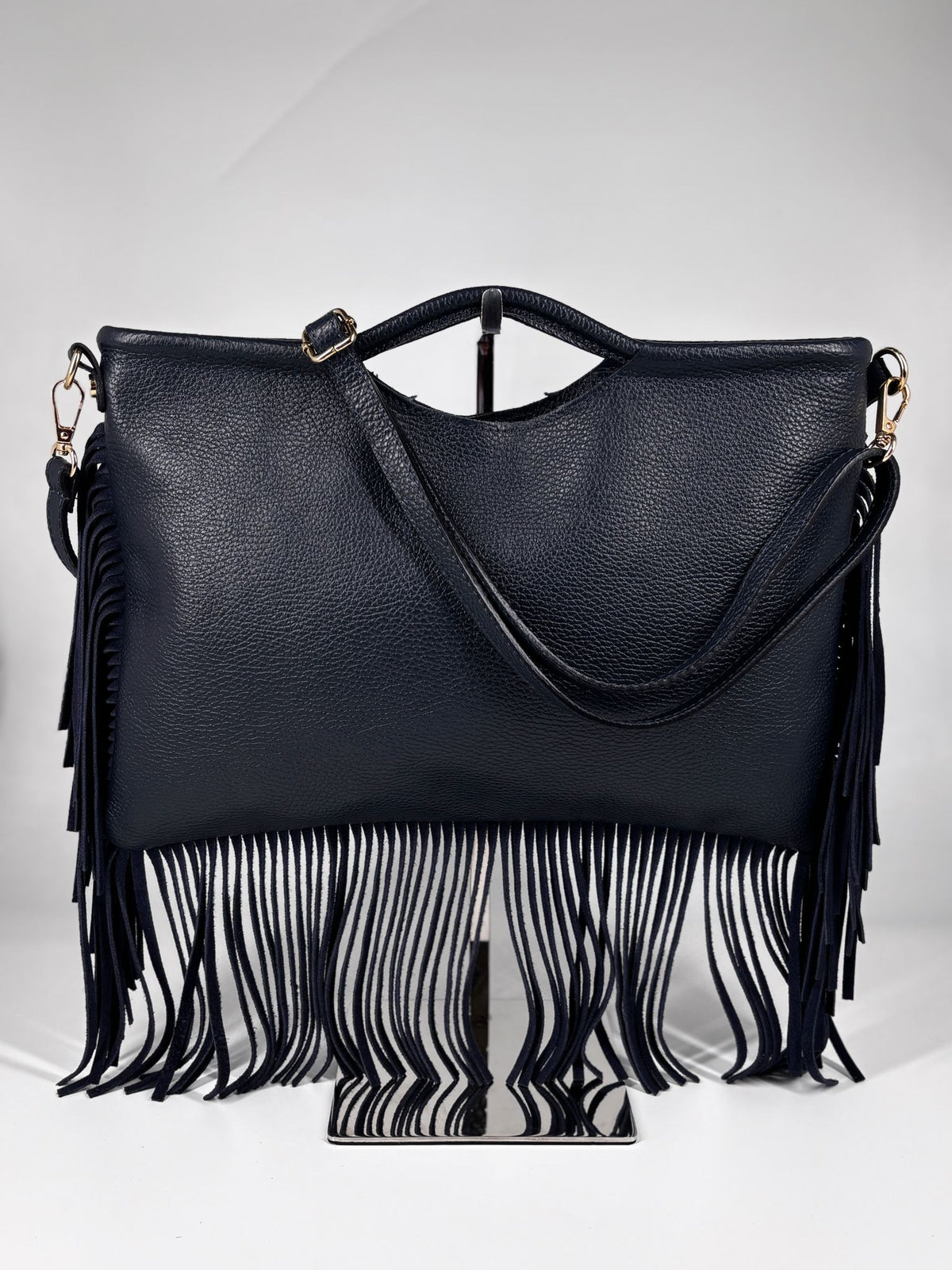 Borsa a Mano con Tracolla in Vera Pelle con Frange – Blu Notte