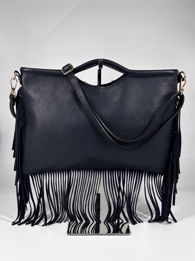 Borsa a Mano con Tracolla in Vera Pelle con Frange – Blu Notte