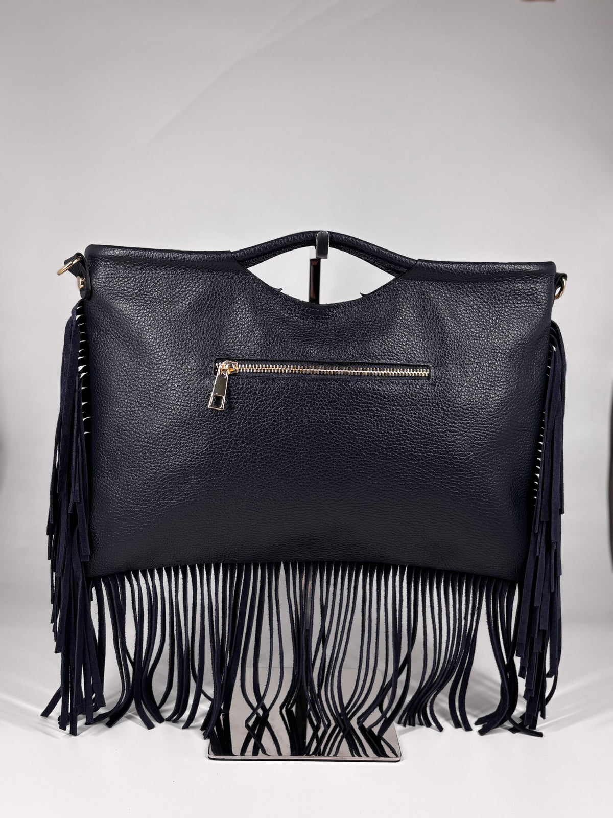 Borsa a Mano con Tracolla in Vera Pelle con Frange – Blu Notte