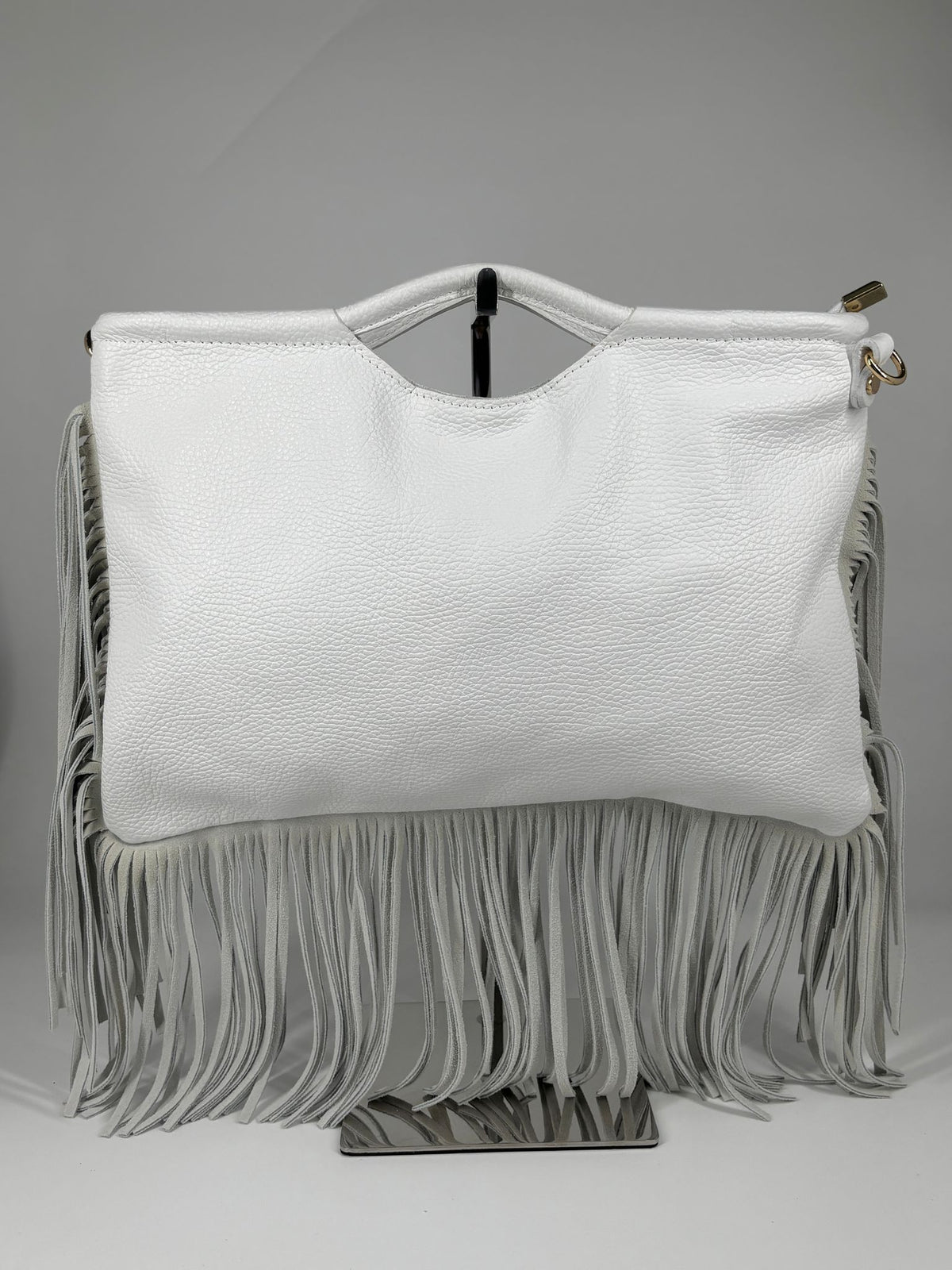 Borsa a Mano con Tracolla in Vera Pelle con Frange – Bianca