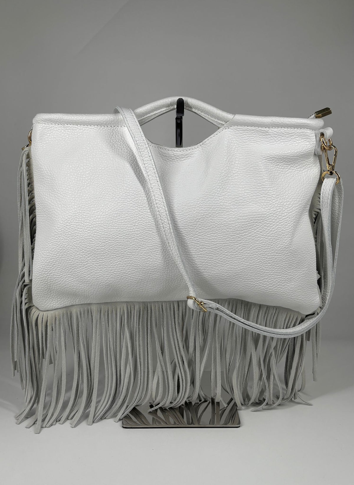 Borsa a Mano con Tracolla in Vera Pelle con Frange – Bianca