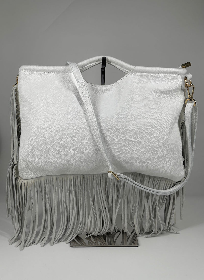 Borsa a Mano con Tracolla in Vera Pelle con Frange – Bianca
