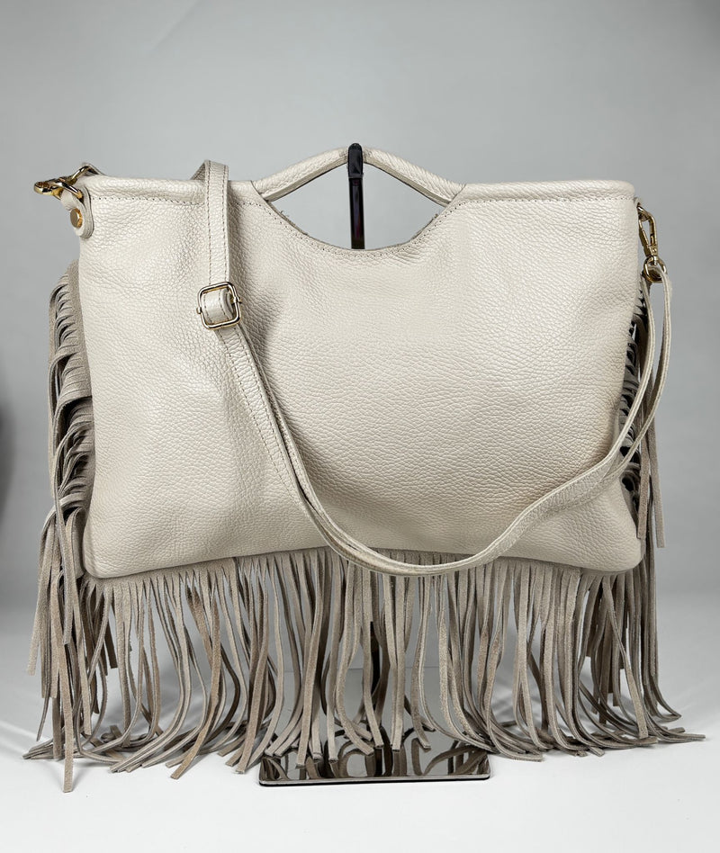 Borsa a Mano con Tracolla in Vera Pelle con Frange – Begie