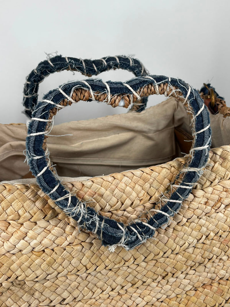 Borsa a Mano in Paglia Intrecciata con Dettagli in Denim Riciclato
