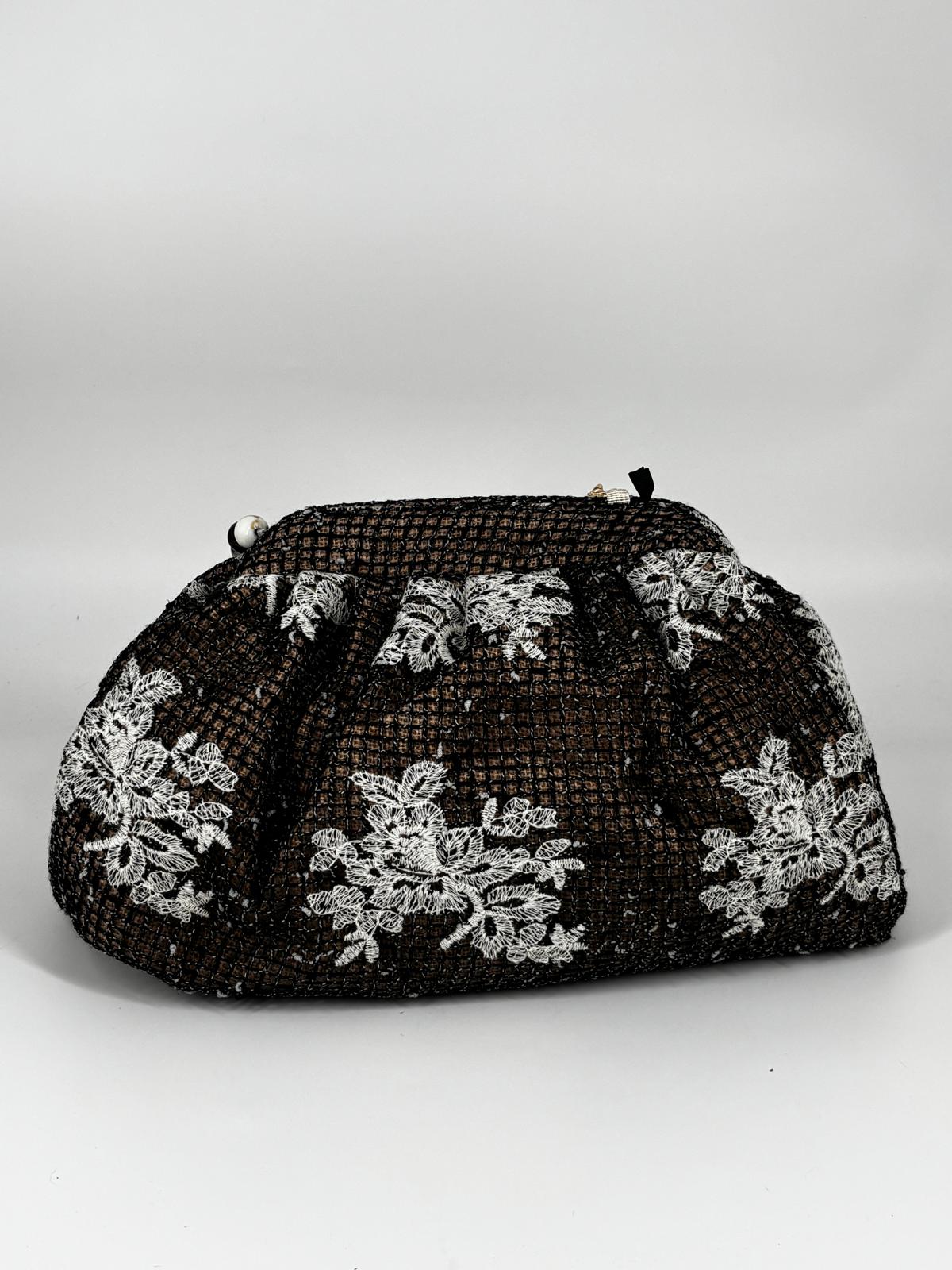 Pochette Morbida in Bouclé e Pizzo con Manico Perlato - Nero