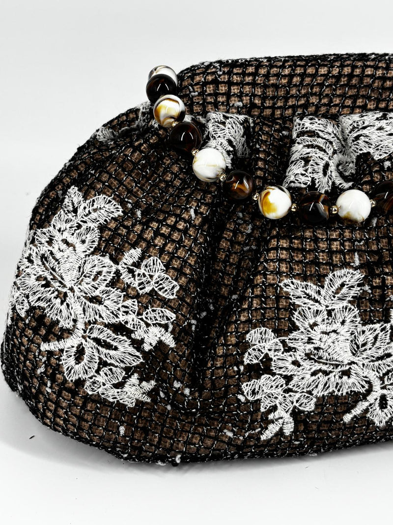 Pochette Morbida in Bouclé e Pizzo con Manico Perlato - Nero