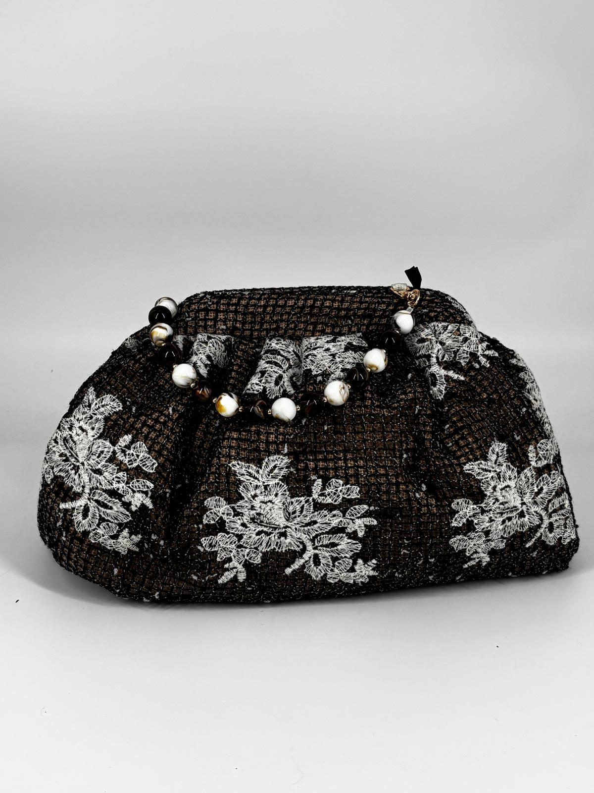Pochette Morbida in Bouclé e Pizzo con Manico Perlato - Nero