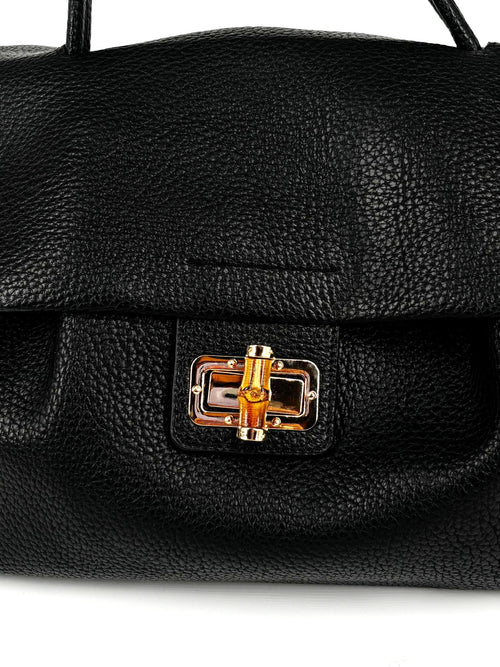 Borsa a Mano in ecoPelle Martellata con Chiusura in Bamboo – Nero