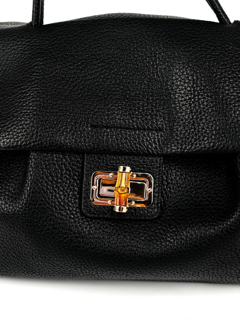 Borsa a Mano in ecoPelle Martellata con Chiusura in Bamboo – Nero