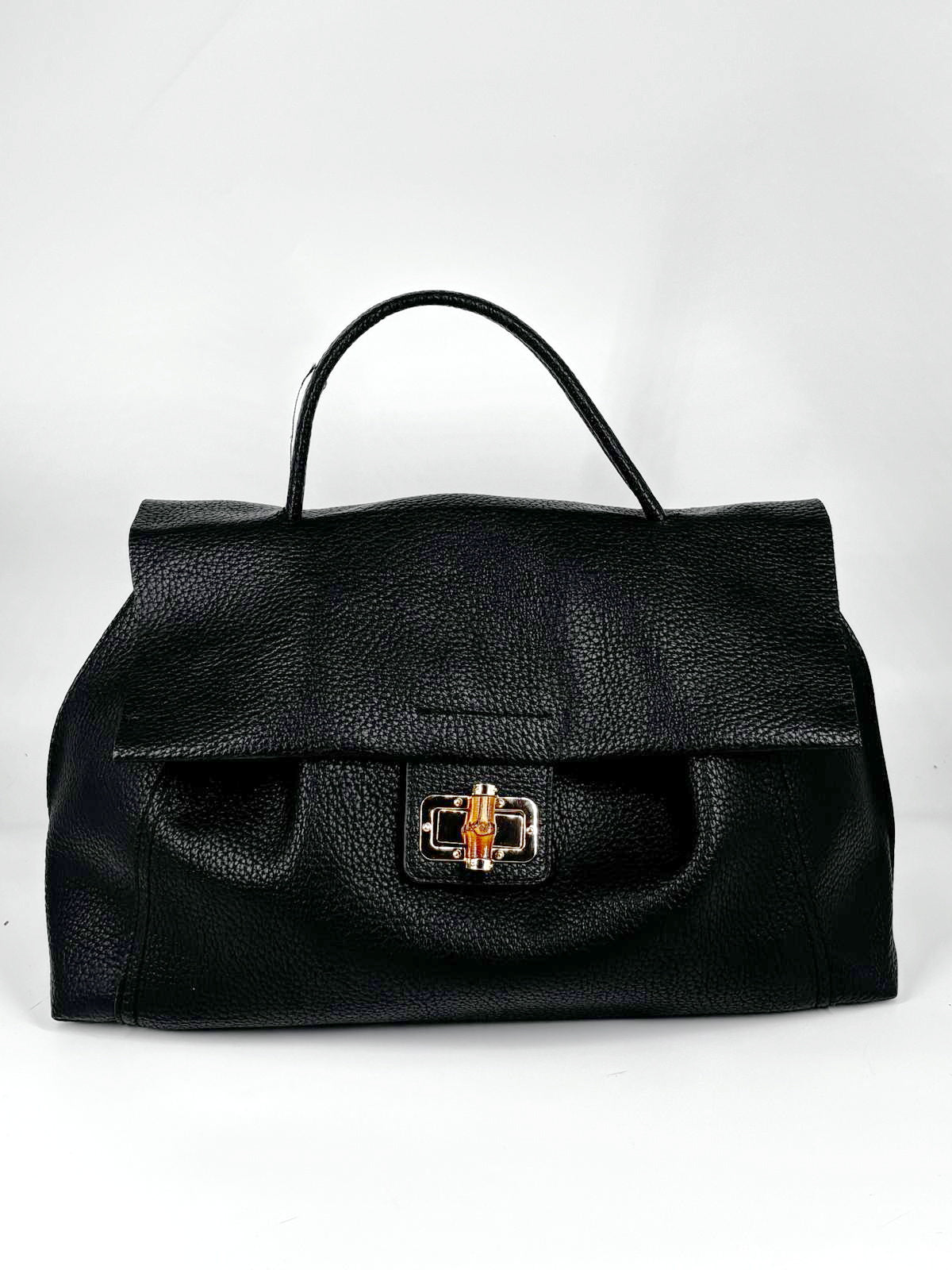 Borsa a Mano in ecoPelle Martellata con Chiusura in Bamboo – Nero