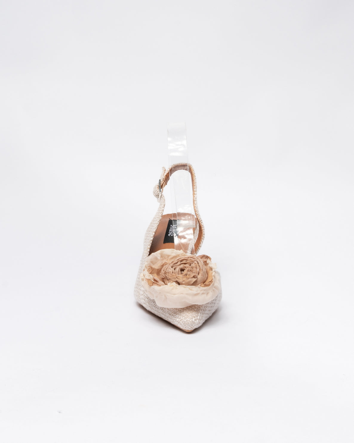 Decolletè in tessuto raffia intrecciato con applicazione fiore in punta fibbia regolabile - Beige