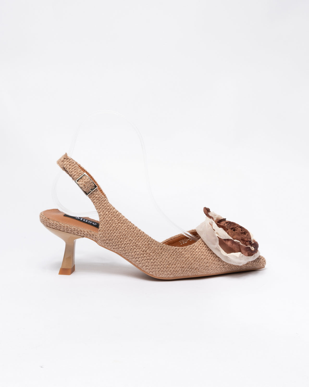 Decolletè in tessuto raffia intrecciato con applicazione fiore in punta fibbia regolabile - Marrone