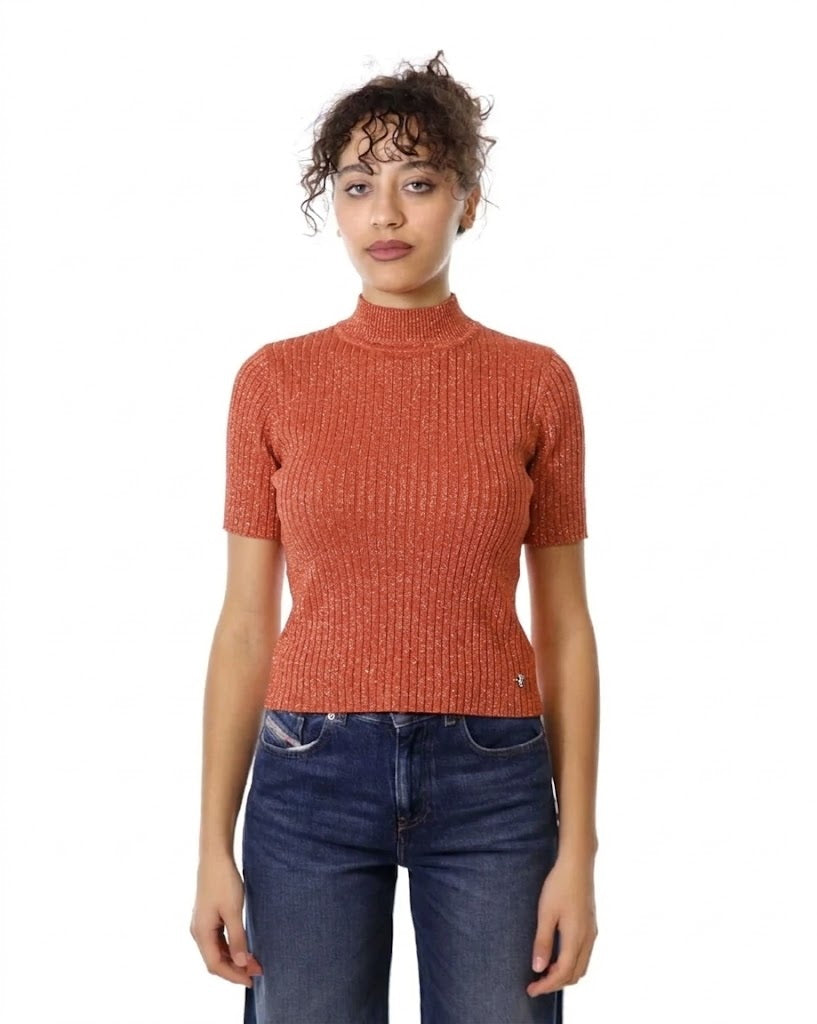 Maglia a Maniche Corte Lavorata con Filato Lurex - Please - Coccio