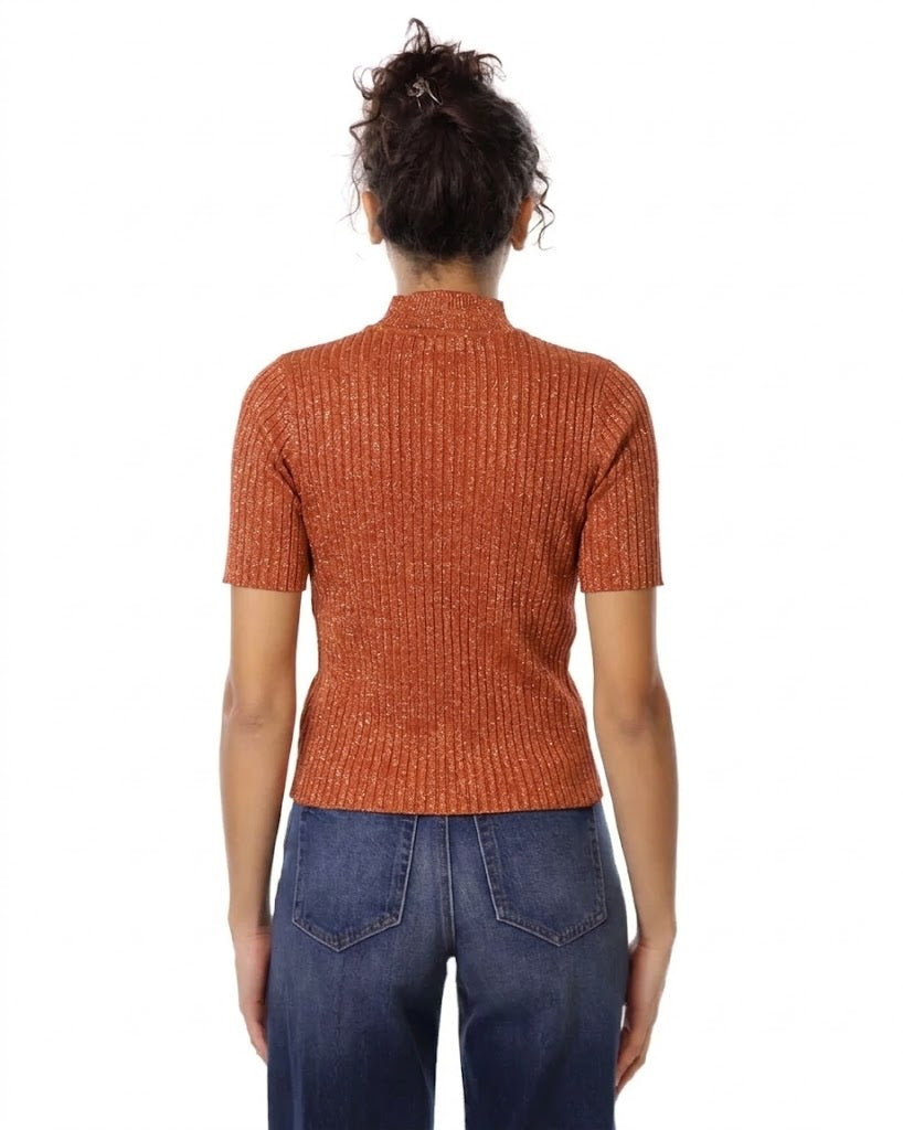 Maglia a Maniche Corte Lavorata con Filato Lurex - Please - Coccio