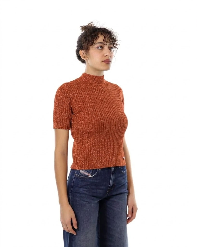 Maglia a Maniche Corte Lavorata con Filato Lurex - Please - Coccio