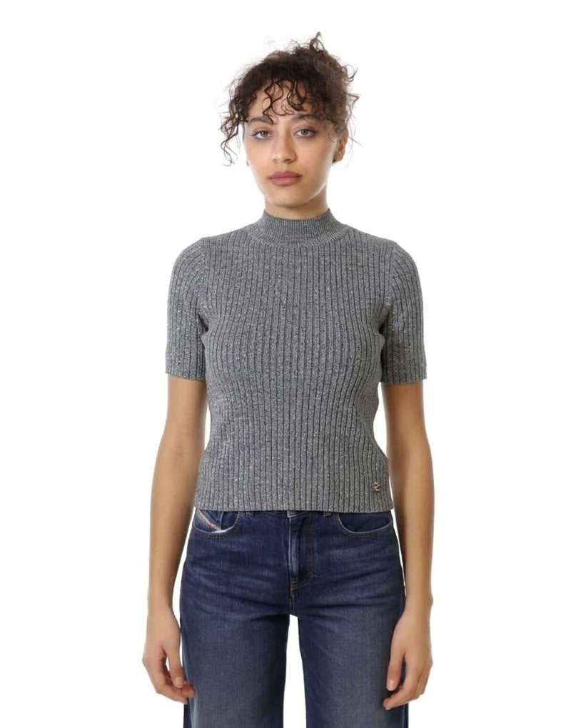 Maglia a Maniche Corte Lavorata con Filato Lurex - Please - Grigio