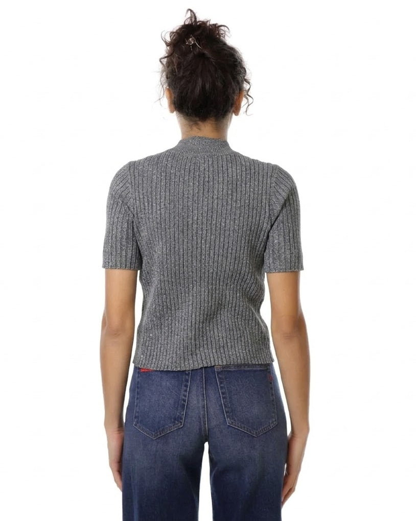 Maglia a Maniche Corte Lavorata con Filato Lurex - Please - Grigio