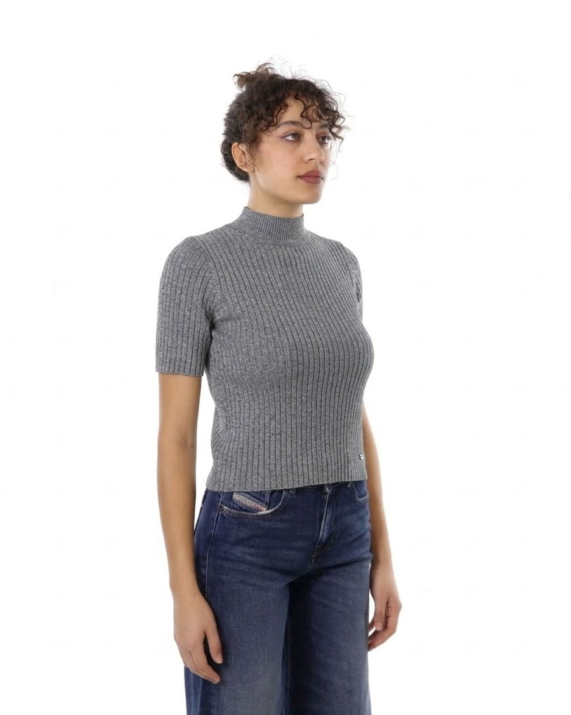 Maglia a Maniche Corte Lavorata con Filato Lurex - Please - Grigio